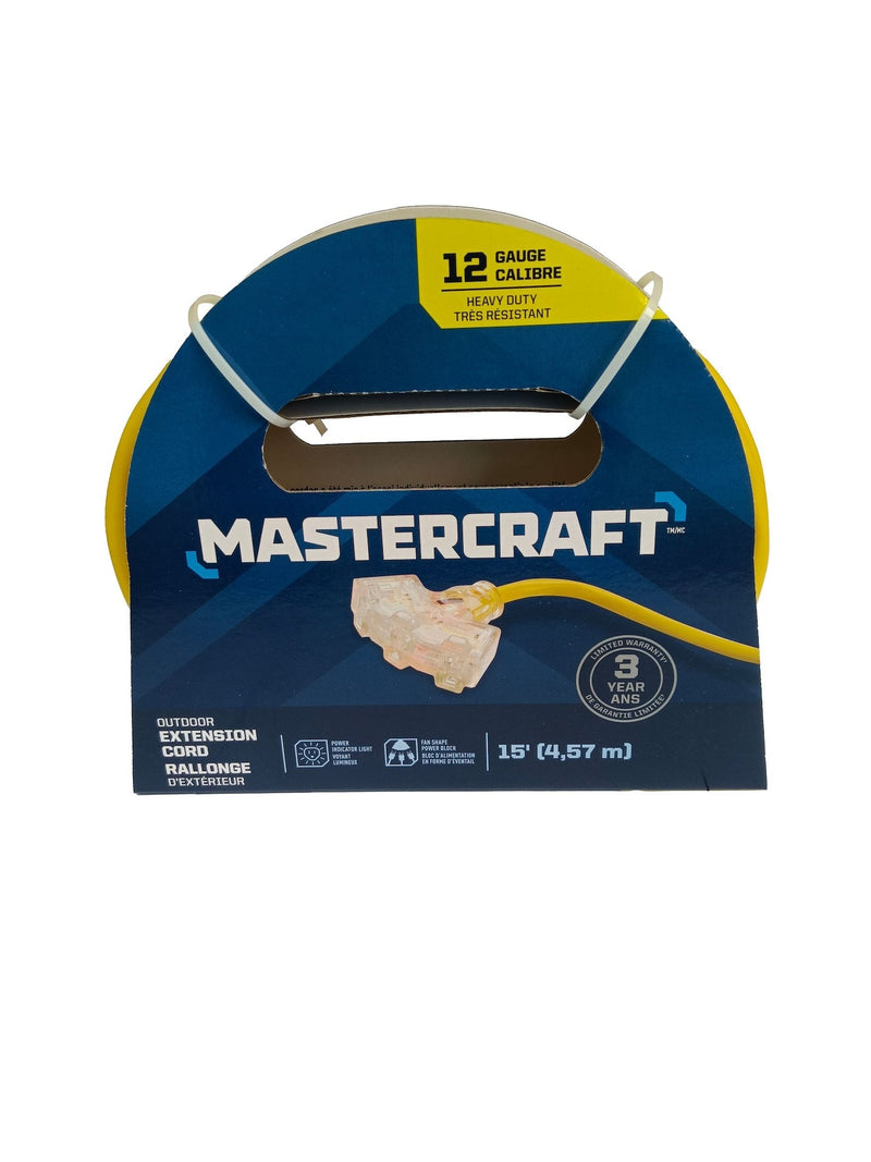 15-ft 12/3 Outdoor Extension Cord with 3 Grounded Outlets and Lighted End, Yellow I2782