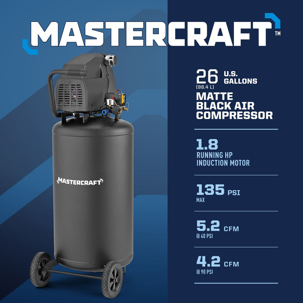 26-Gallon Oil-Free Portable Vertical Air Compressor, Matte Black, 135 PSI, 1.8HP