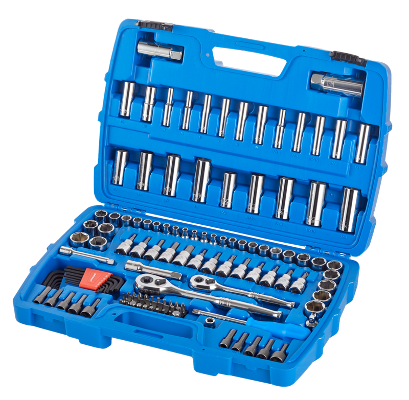 Socket Set, 128-pc, SAE / Metric, CRV, Nickel-Chrome Plating J8447