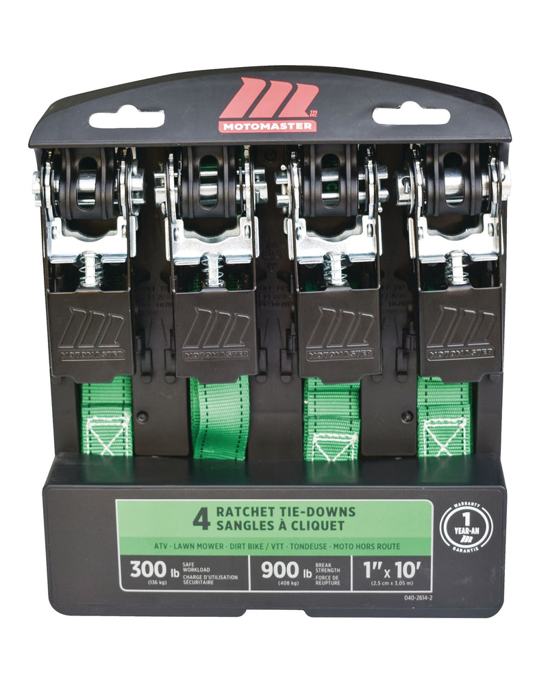 900-lb Ratchet Tie-Down Straps, Non-Padded, 1-in x 10-ft, 4-pk V5626