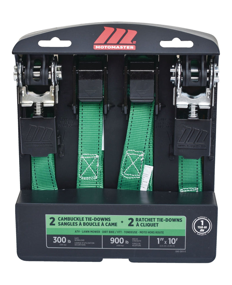 900-lb Ratchet/Cambuckle Tie-Down Straps, Non-Padded, 1-in x 10-ft, 4-pk I9770