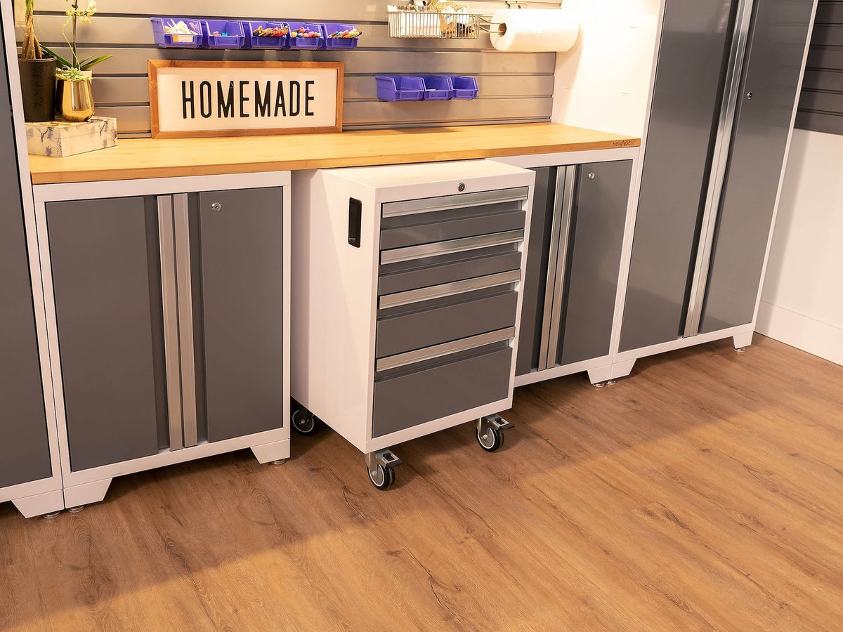 Bold 3.0 Series All-in-One Lockable Steel Garage Cabinetry Set with Stainless Steel Top, White/Platinum, 48-in x 18-in x 76.75-in, 5-pc