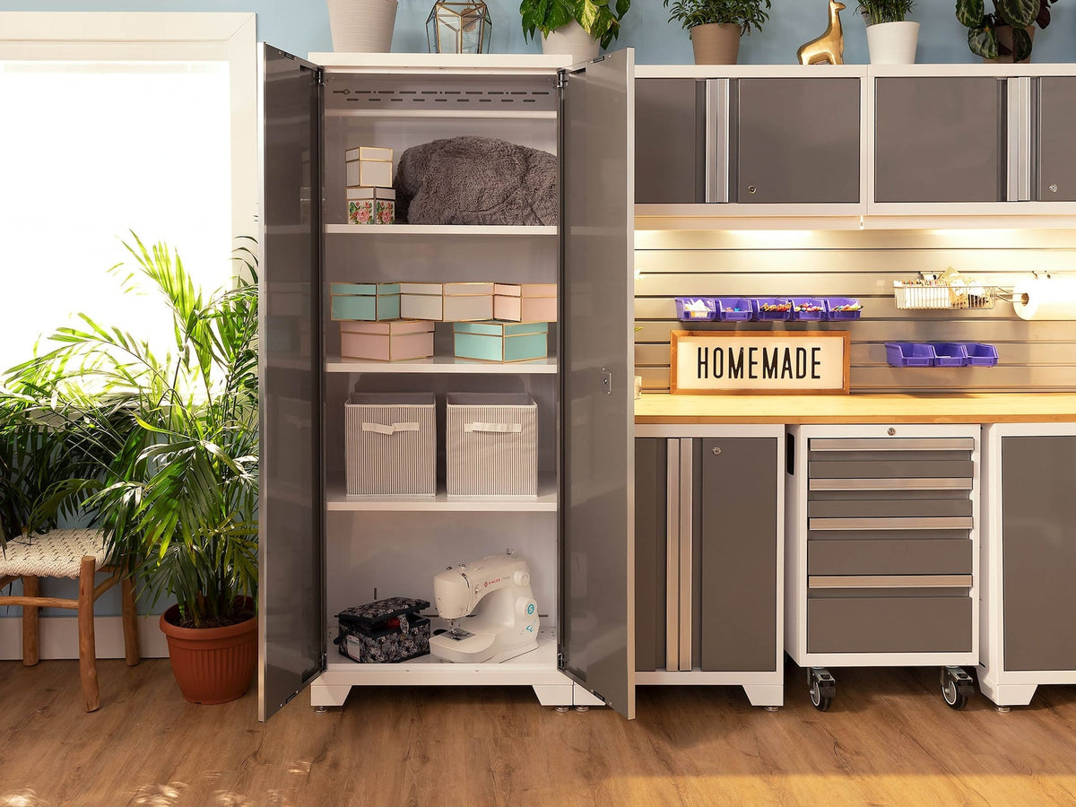 Bold 3.0 Series All-in-One Lockable Steel Garage Cabinetry Set with Stainless Steel Top, White/Platinum, 48-in x 18-in x 76.75-in, 5-pc