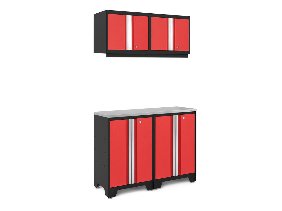 Bold 3.0 Series All-in-One Lockable Steel Garage Cabinetry Set with Stainless Steel Top, Black/Red, 48-in x 18-in x 76.75-in, 5-pc