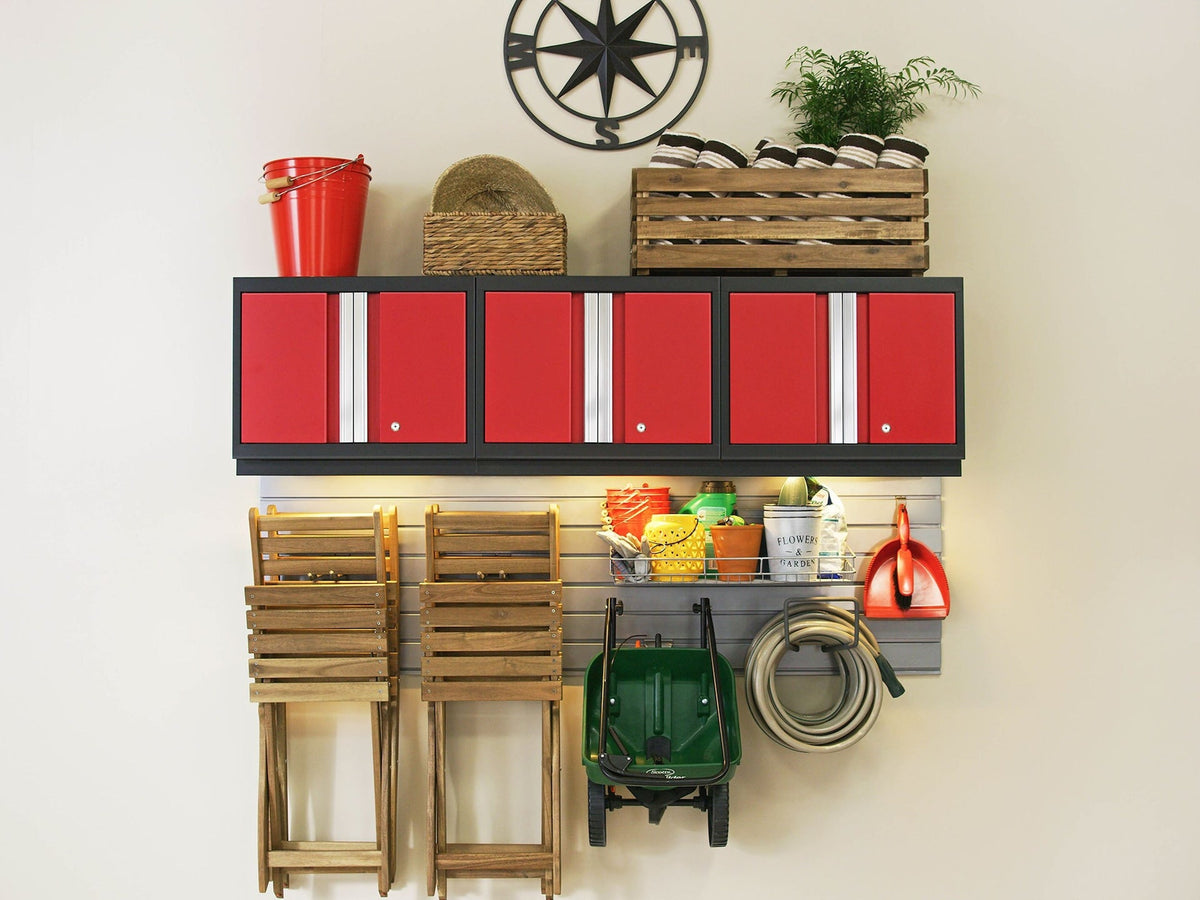 Bold 3.0 Series All-in-One Lockable Steel Garage Cabinetry Set with Stainless Steel Top, Black/Red, 48-in x 18-in x 76.75-in, 5-pc