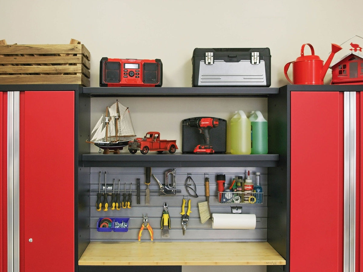 Bold 3.0 Series All-in-One Lockable Steel Garage Cabinetry Set with Stainless Steel Top, Black/Red, 48-in x 18-in x 76.75-in, 5-pc