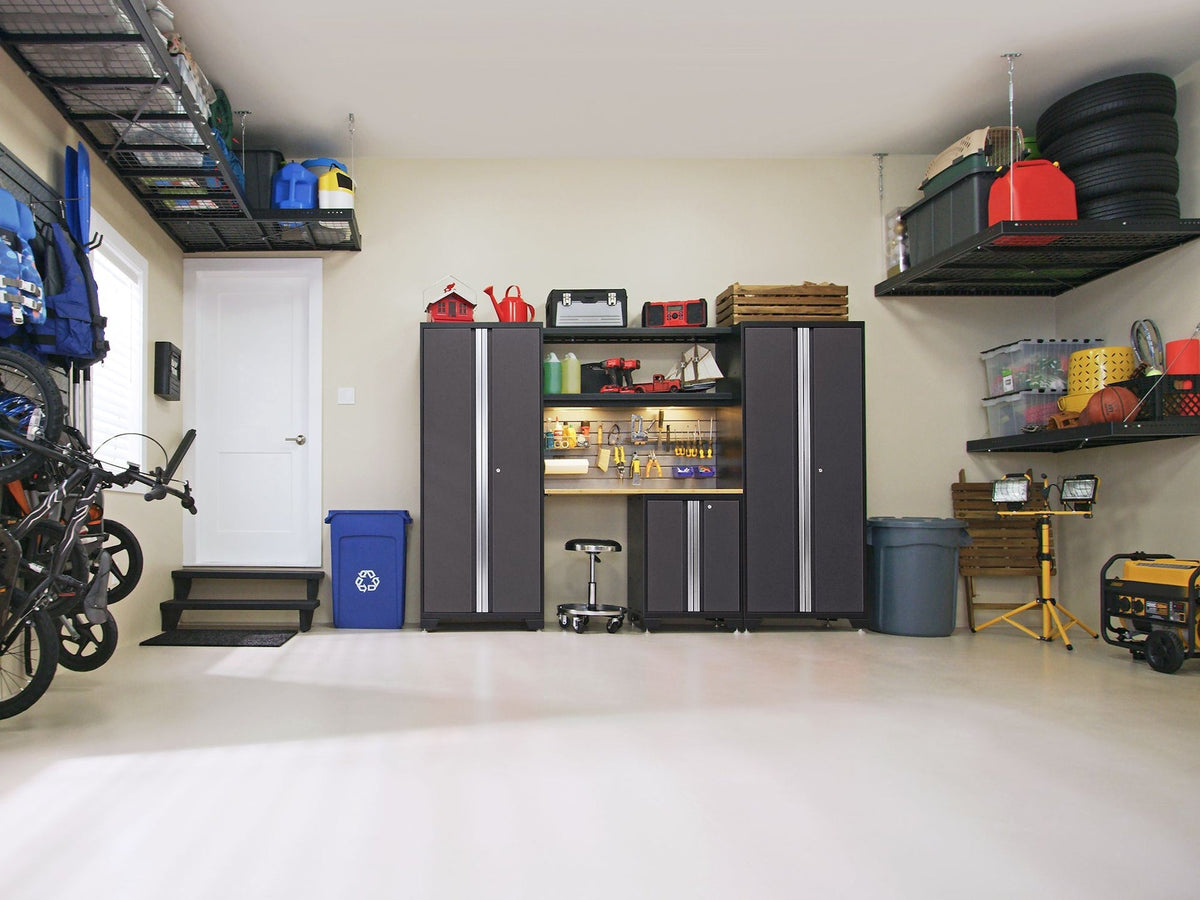 Bold Series Lockable 24-Gauge Steel Garage Cabinetry Set with Bamboo Top, Black/Grey, 48-in x 18-in x 76.75-in, 5-pc