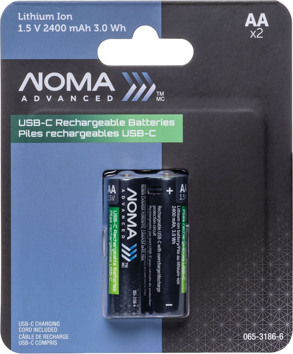 Advanced 2400 mAh USB C-Type Rechargeable Li-Ion Batteries, 2-pk