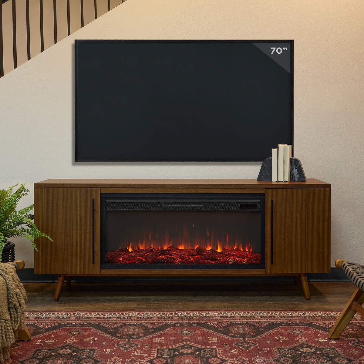 Morris Media Indoor Electric Fireplace TV Stand, 72-in, 1500W, Includes Remote Control & Firebox, Vintage Black Maple