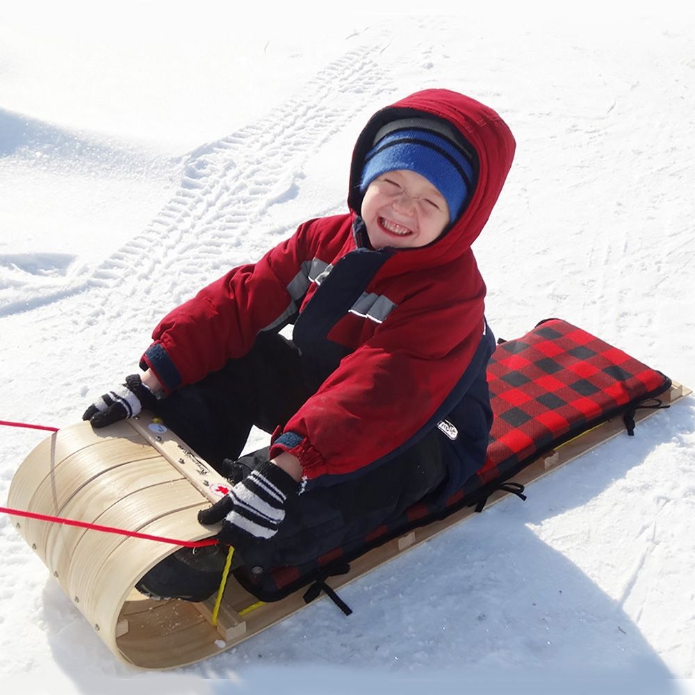 Grizzly Kids' Traditional Vintage Wooden Winter Toboggan Sled & Seat Pad, 4-ft