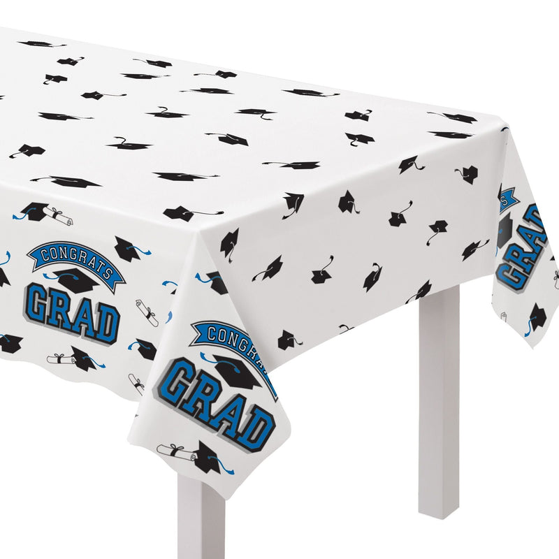 True to Your School "Congrats Grad" Rectangle Plastic Reusable Table Cover, Navy, 54x84-in, for Graduation Q2964