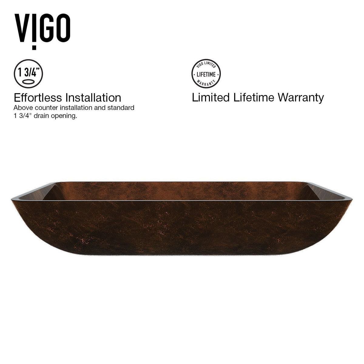 Glass Rectangular Vessel Bathroom Sink/Basin with Rounded Edges & Deep Bowl, Russet