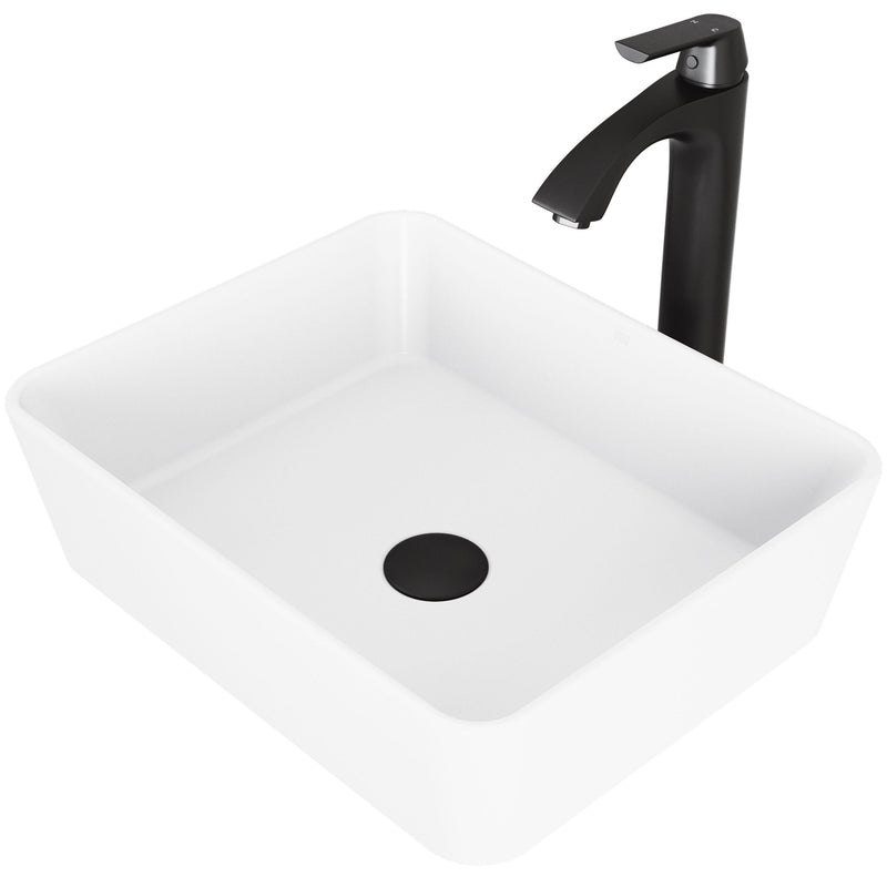 Marigold White Bathroom Sink/Basin Set with Matte Black Linus Faucet and Rectangular Composite Vessel B5150