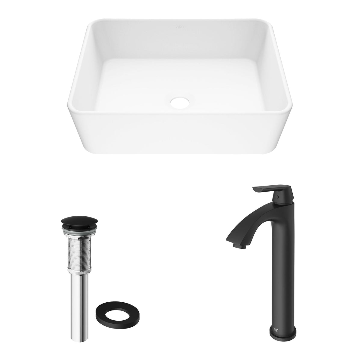 Marigold White Bathroom Sink/Basin Set with Matte Black Linus Faucet and Rectangular Composite Vessel