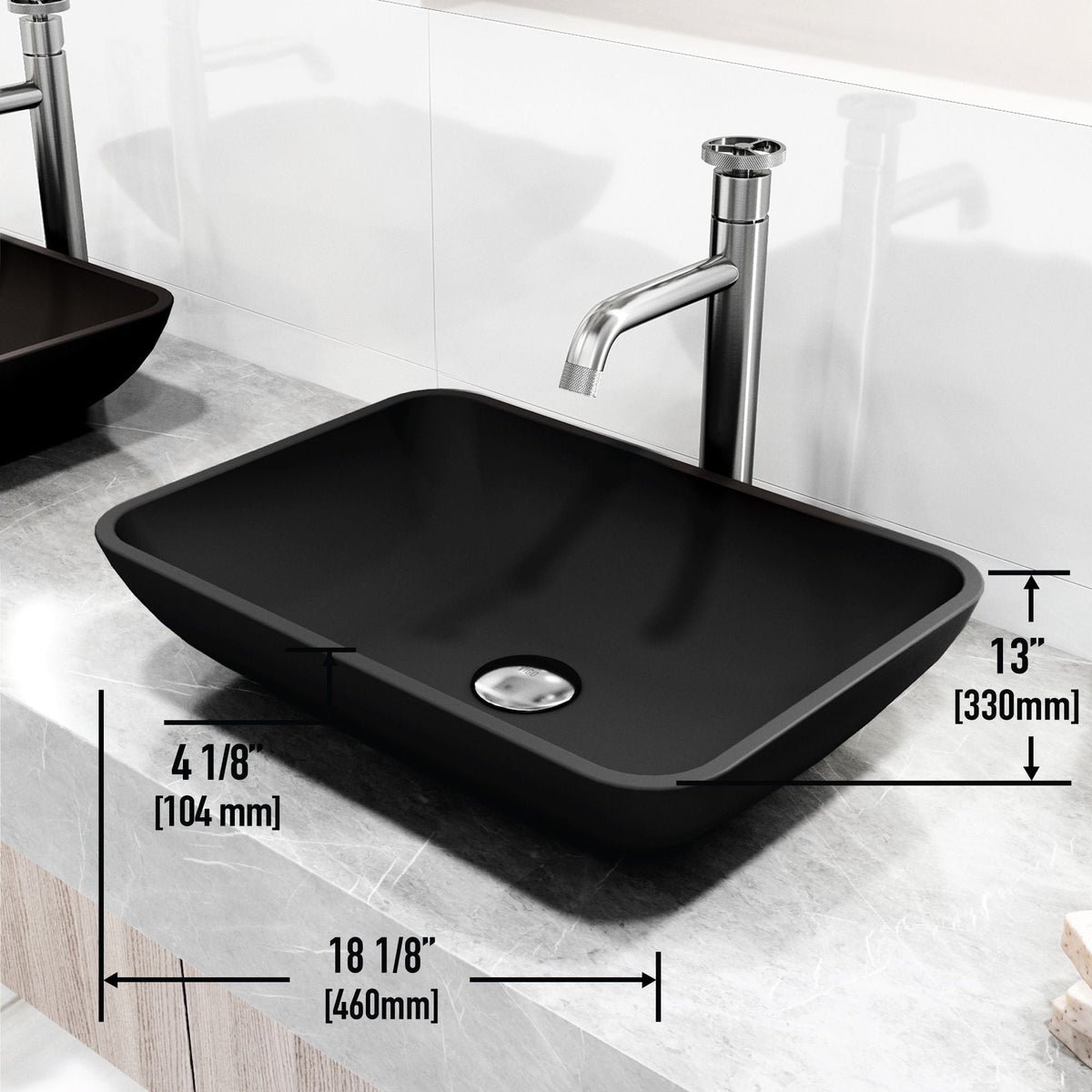 Sottile Matte Black Bathroom Sink/Basin Set with Cass Faucet and Glass Rectangular Vessel