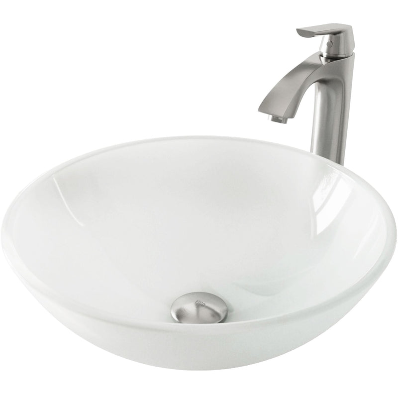 White Frost White Bathroom Sink/Basin Set with Linus Faucet and Round Glass Vessel M7376
